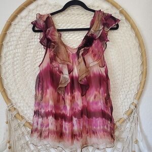 Anthropologie Blue Tassel Silk Collection Boho Flowy Ballet Tie-Dye Top Size M